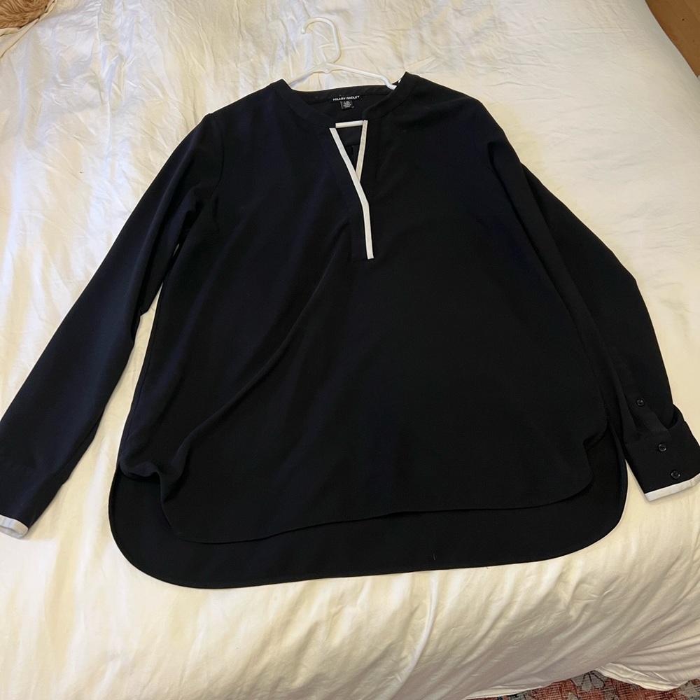 Black blouse with white trim